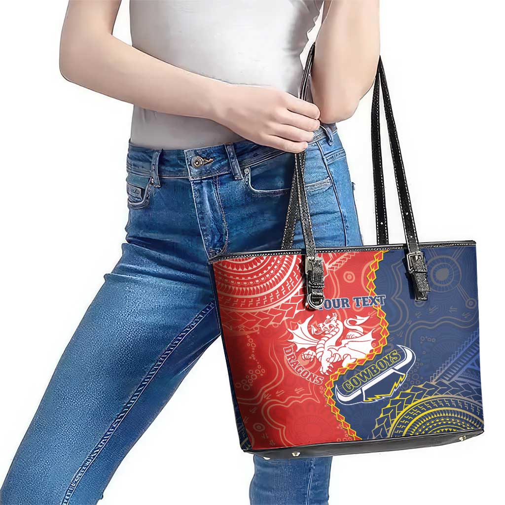 Custom Dragons And Cowboys Rugby Leather Tote Bag Aboriginal Mix Polynesian Pattern