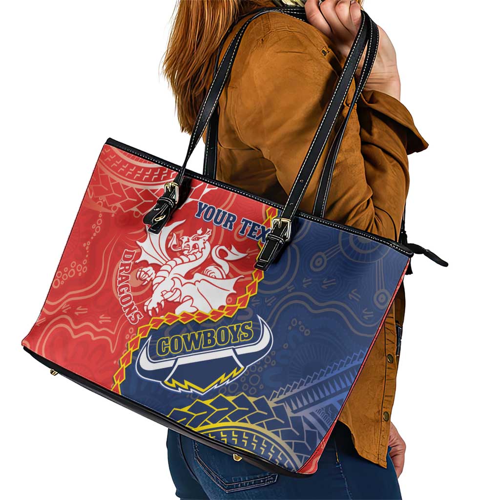 Custom Dragons And Cowboys Rugby Leather Tote Bag Aboriginal Mix Polynesian Pattern