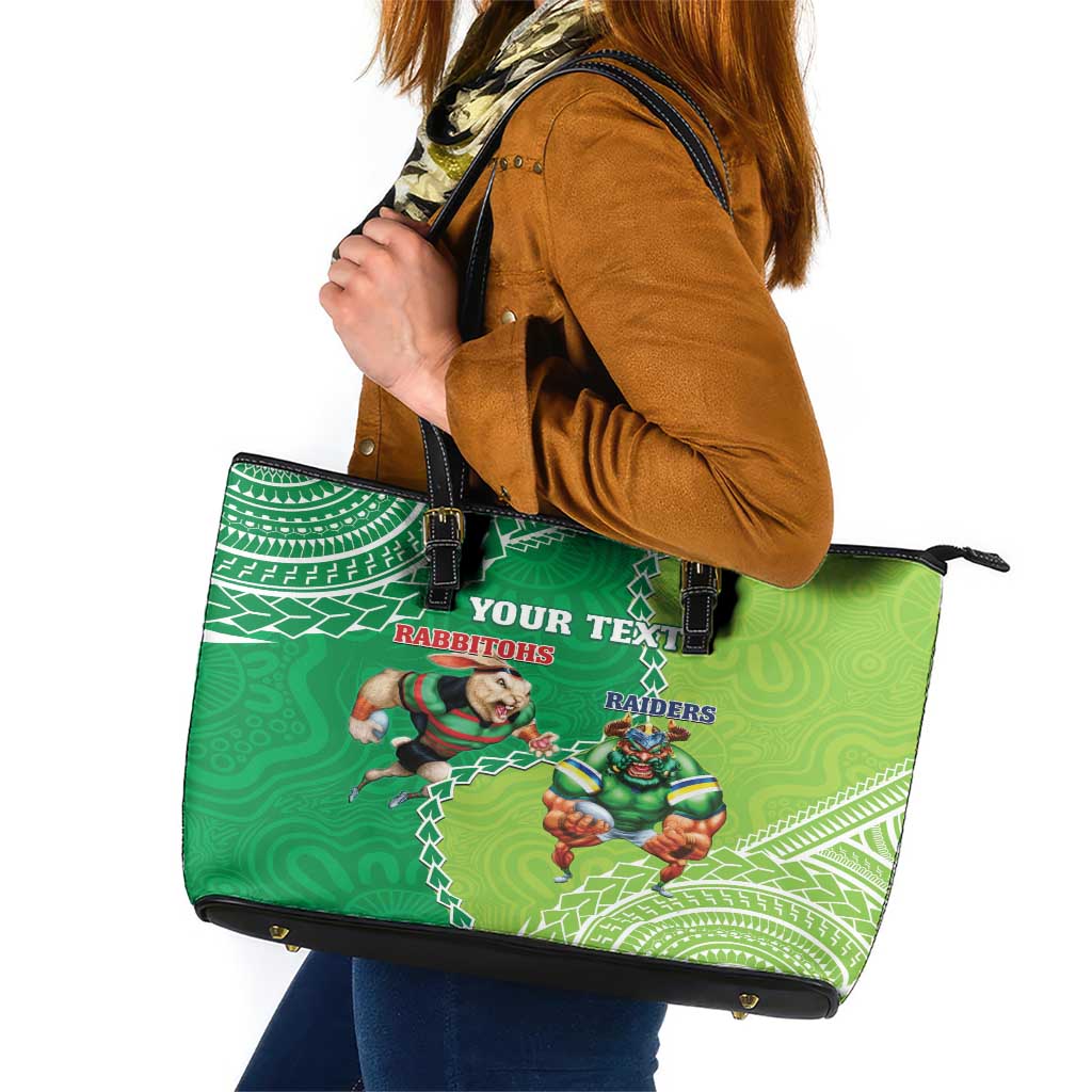 Personalised Rabbitohs And Raiders Rugby Leather Tote Bag Aboriginal Mix Polynesian Pattern