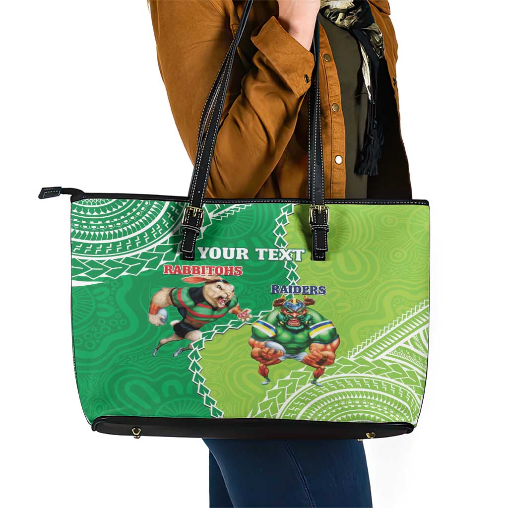 Personalised Rabbitohs And Raiders Rugby Leather Tote Bag Aboriginal Mix Polynesian Pattern