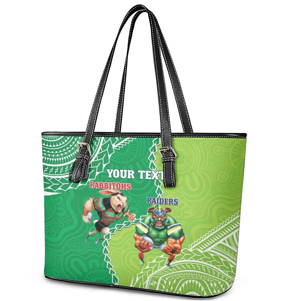 Personalised Rabbitohs And Raiders Rugby Leather Tote Bag Aboriginal Mix Polynesian Pattern