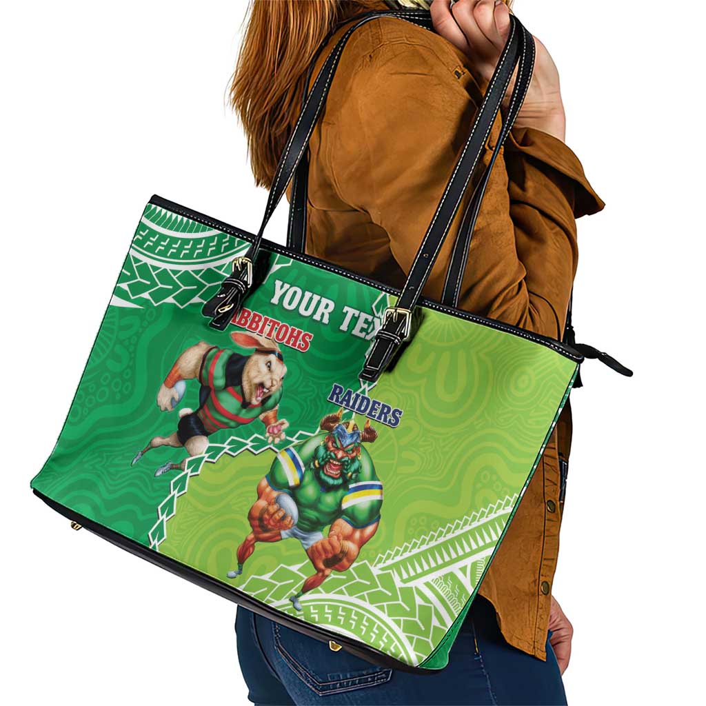 Personalised Rabbitohs And Raiders Rugby Leather Tote Bag Aboriginal Mix Polynesian Pattern