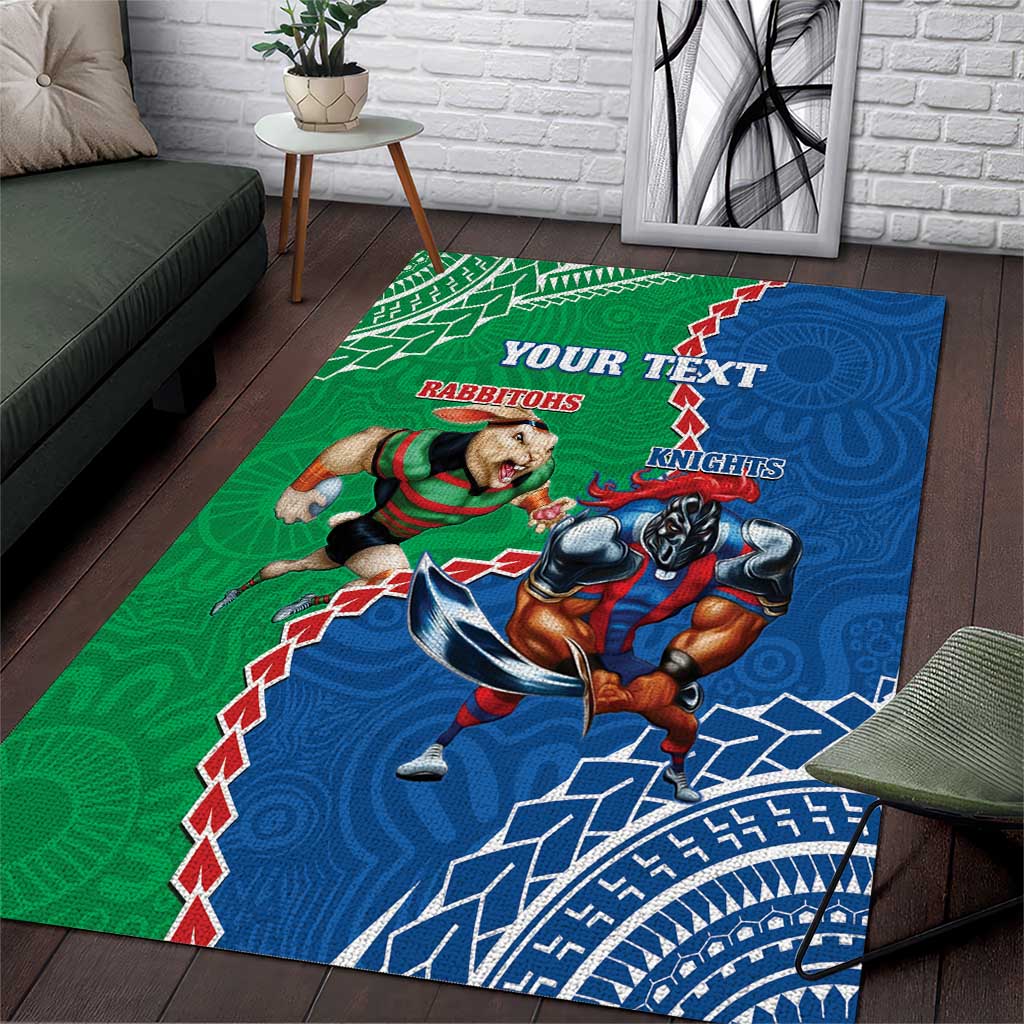 Personalised Rabbitohs And Knights Rugby Area Rug Aboriginal Mix Polynesian Pattern