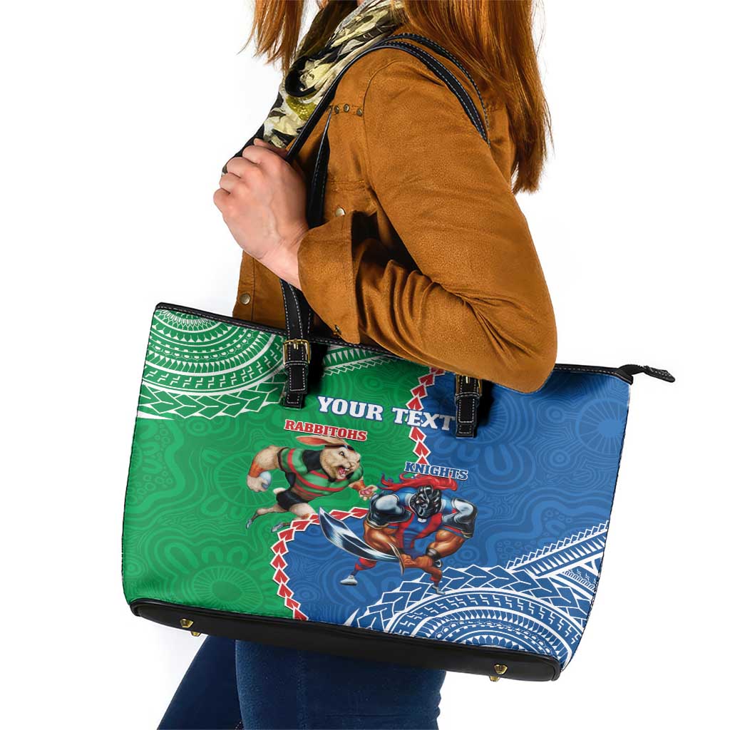 Personalised Rabbitohs And Knights Rugby Leather Tote Bag Aboriginal Mix Polynesian Pattern