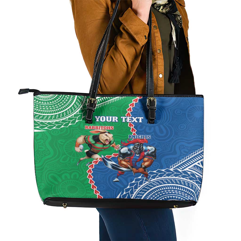 Personalised Rabbitohs And Knights Rugby Leather Tote Bag Aboriginal Mix Polynesian Pattern