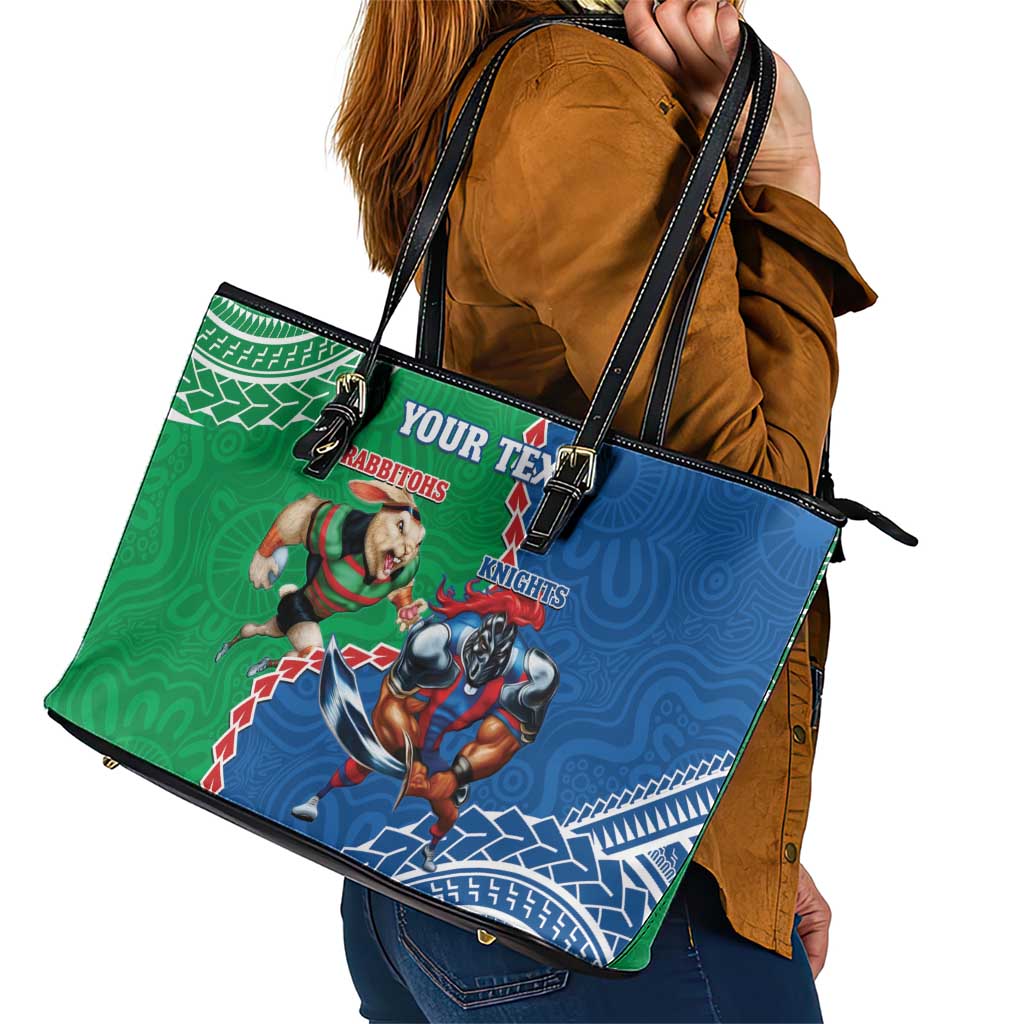 Personalised Rabbitohs And Knights Rugby Leather Tote Bag Aboriginal Mix Polynesian Pattern