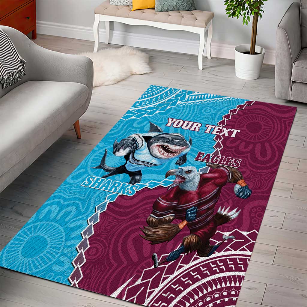 Personalised Eagles And Sharks Rugby Area Rug Aboriginal Mix Polynesian Pattern