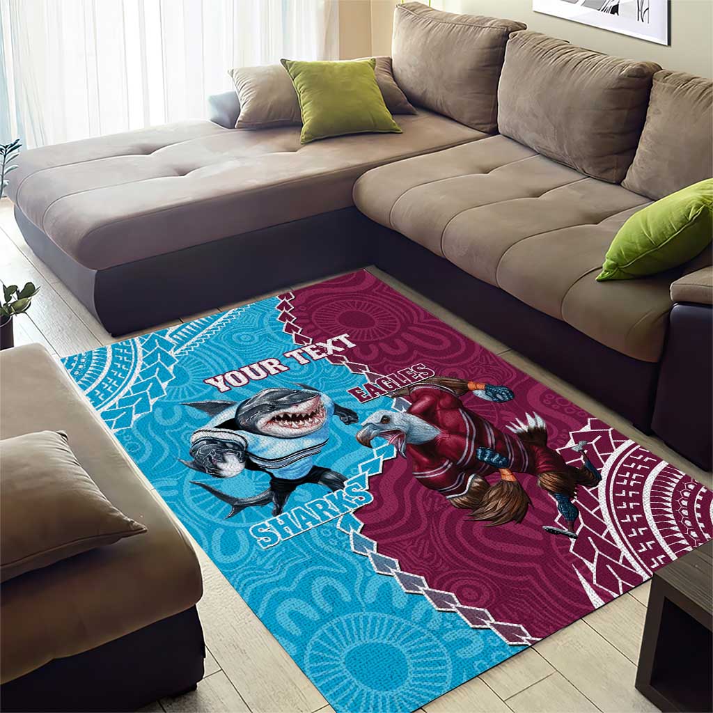 Personalised Eagles And Sharks Rugby Area Rug Aboriginal Mix Polynesian Pattern