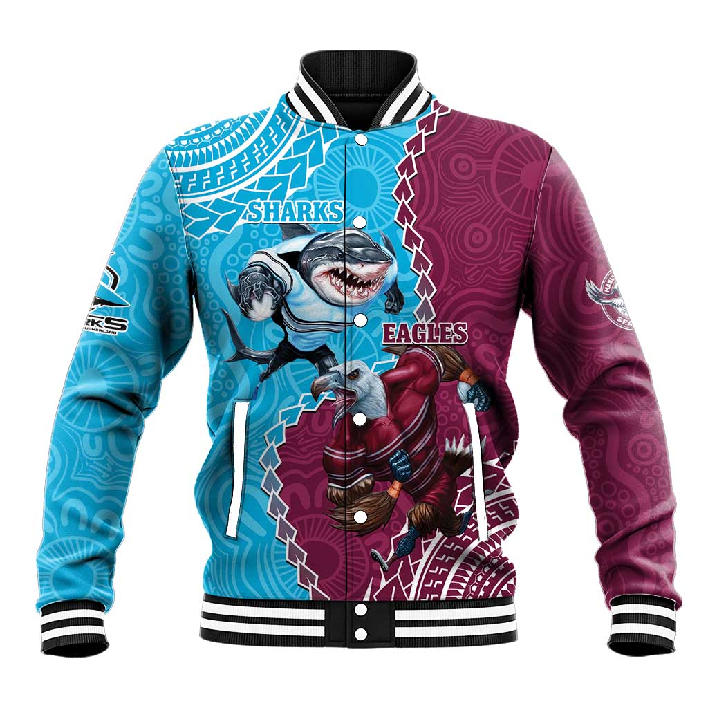 Personalised Eagles And Sharks Rugby Baseball Jacket Aboriginal Mix Polynesian Pattern