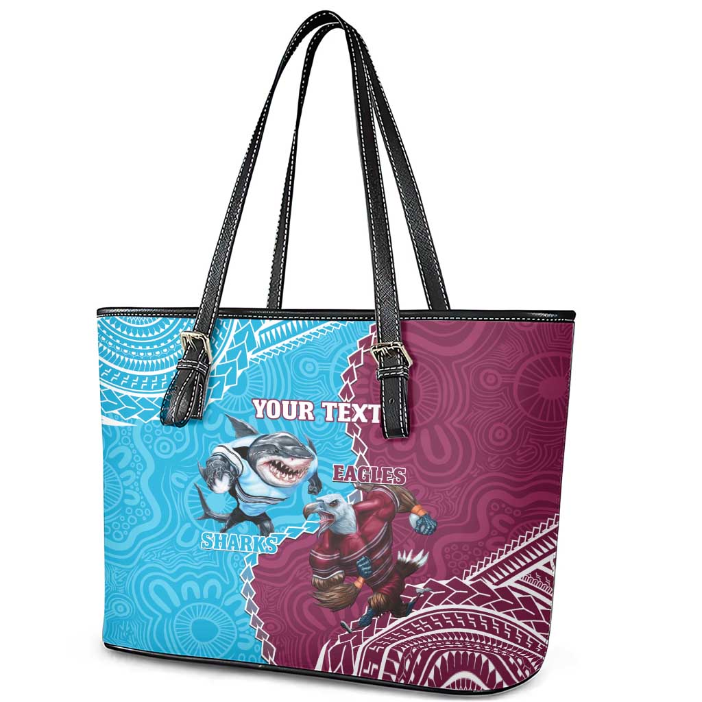 Personalised Eagles And Sharks Rugby Leather Tote Bag Aboriginal Mix Polynesian Pattern