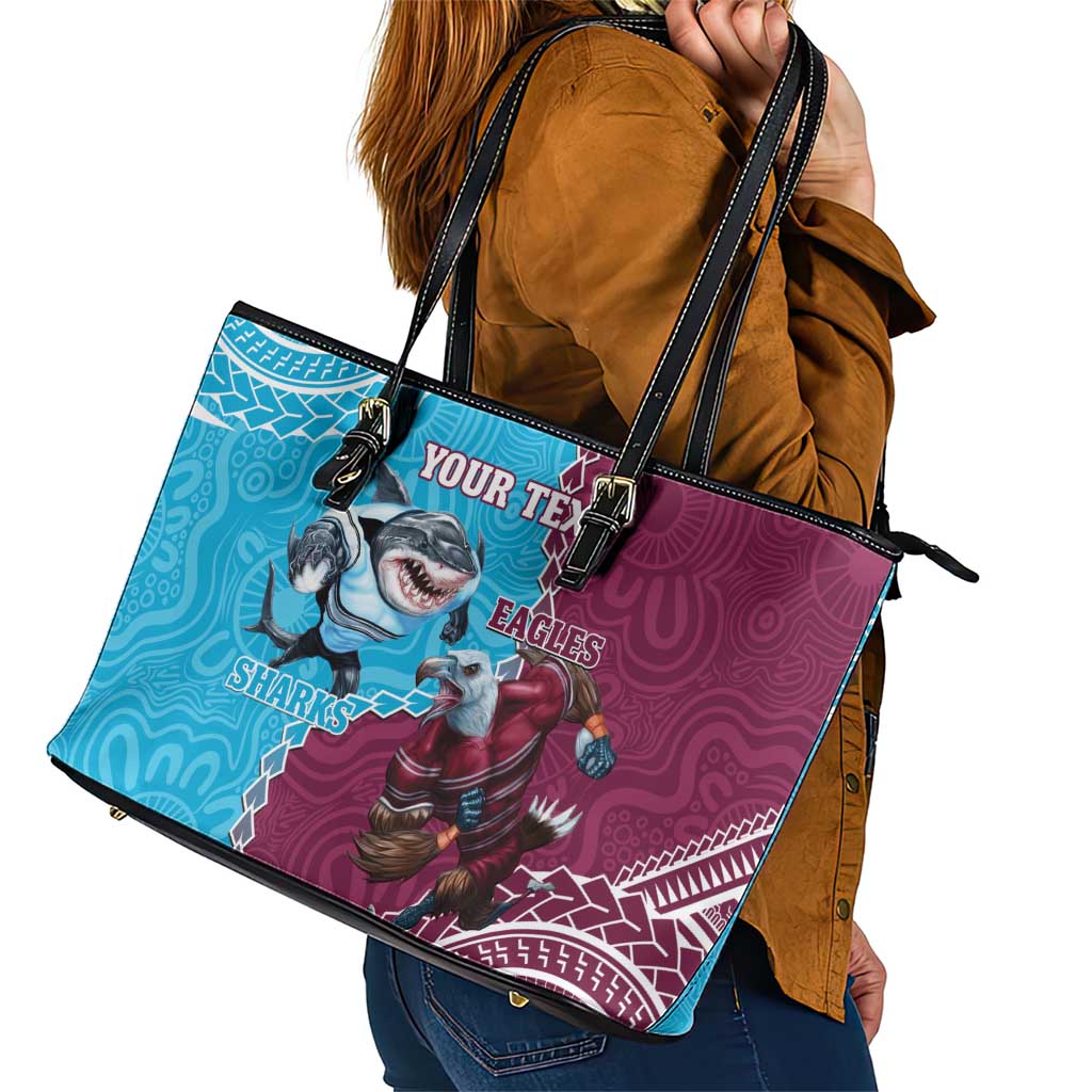 Personalised Eagles And Sharks Rugby Leather Tote Bag Aboriginal Mix Polynesian Pattern