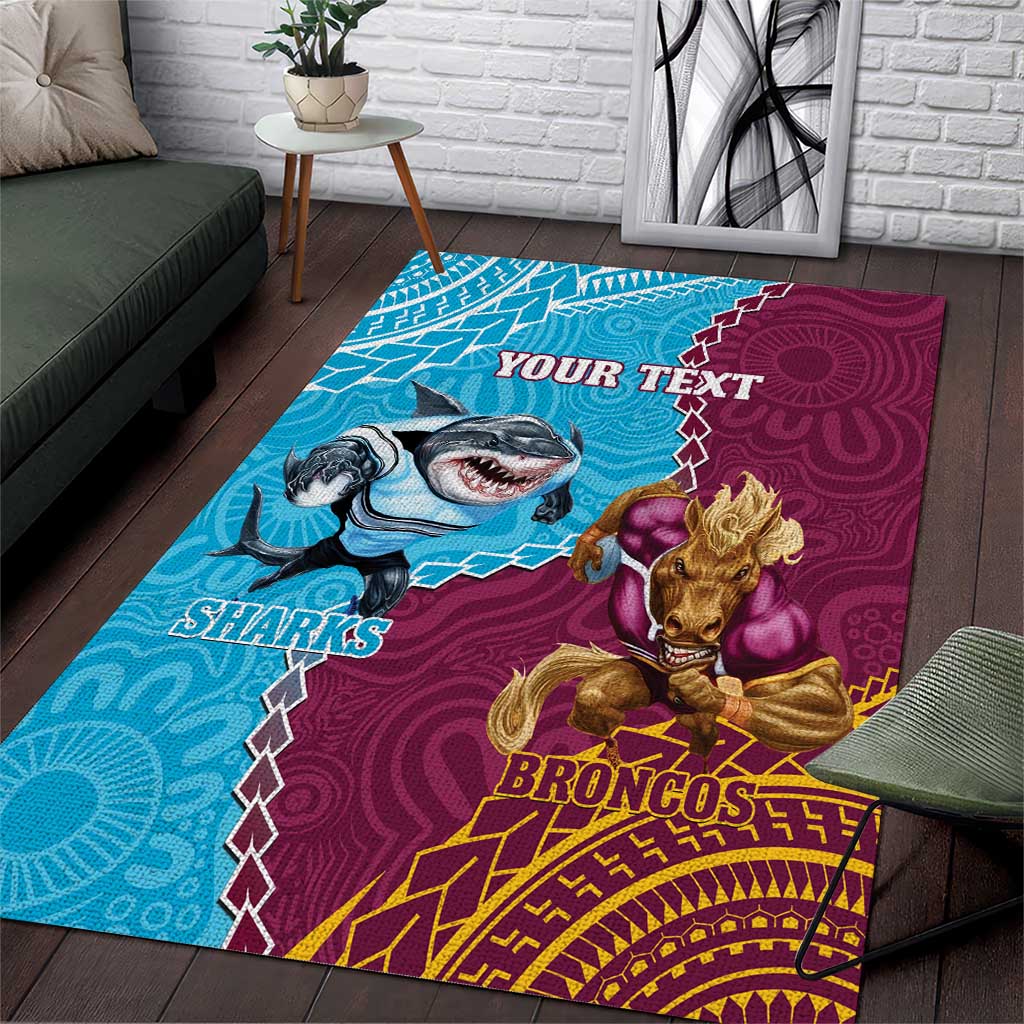 Personalised Sharks And Broncos Rugby Area Rug Aboriginal Mix Polynesian Pattern