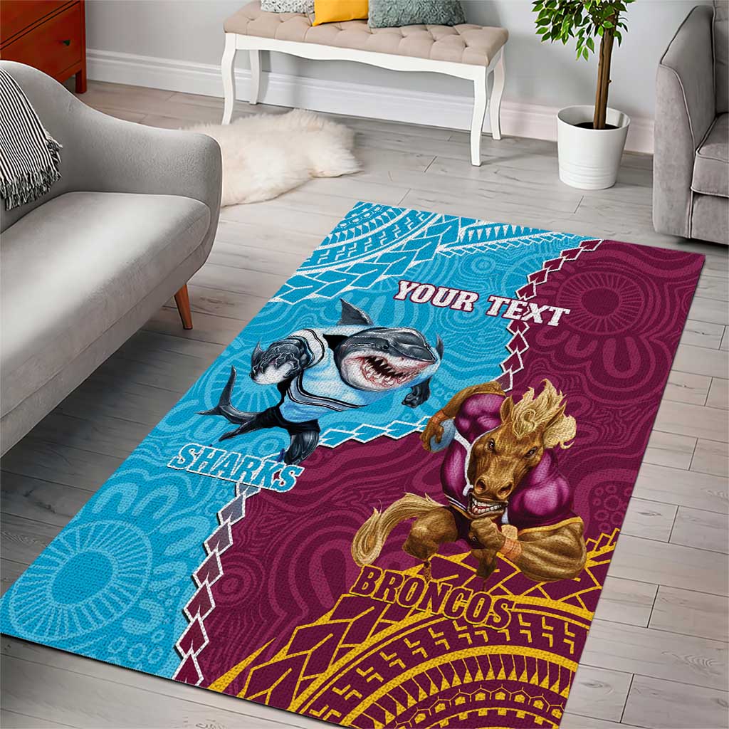 Personalised Sharks And Broncos Rugby Area Rug Aboriginal Mix Polynesian Pattern