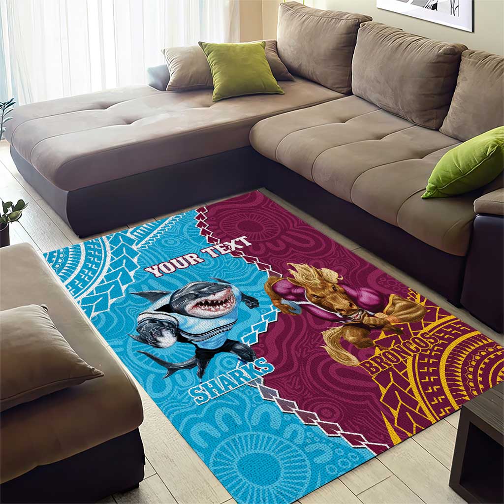 Personalised Sharks And Broncos Rugby Area Rug Aboriginal Mix Polynesian Pattern