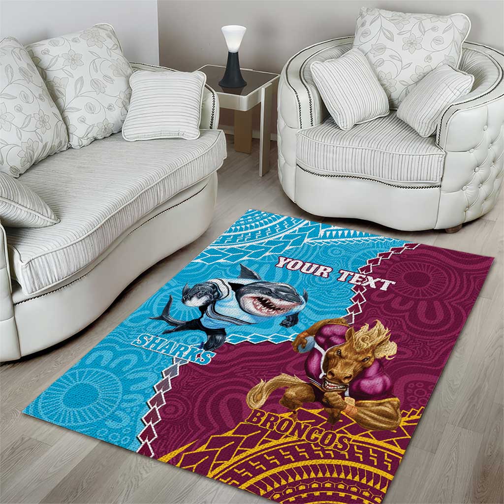 Personalised Sharks And Broncos Rugby Area Rug Aboriginal Mix Polynesian Pattern