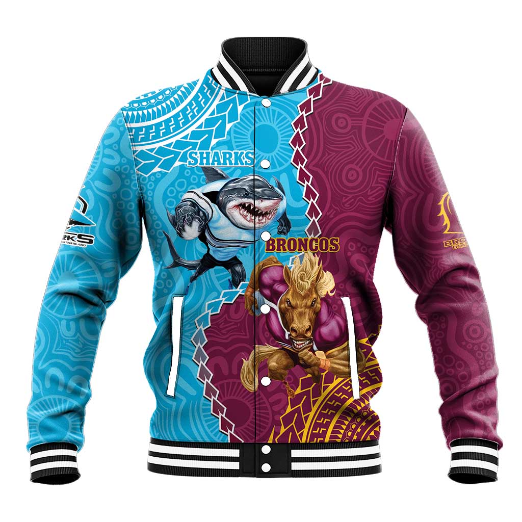 Personalised Sharks And Broncos Rugby Baseball Jacket Aboriginal Mix Polynesian Pattern