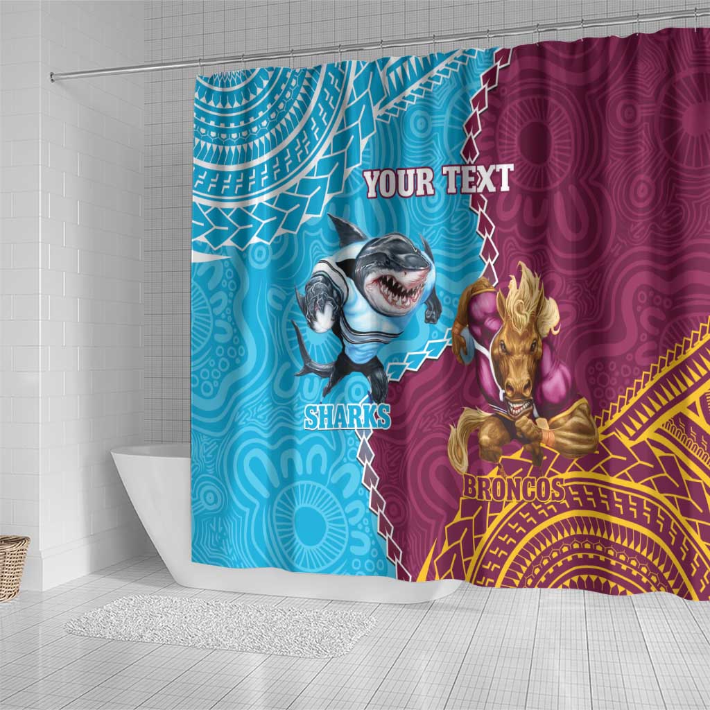 Personalised Sharks And Broncos Rugby Shower Curtain Aboriginal Mix Polynesian Pattern