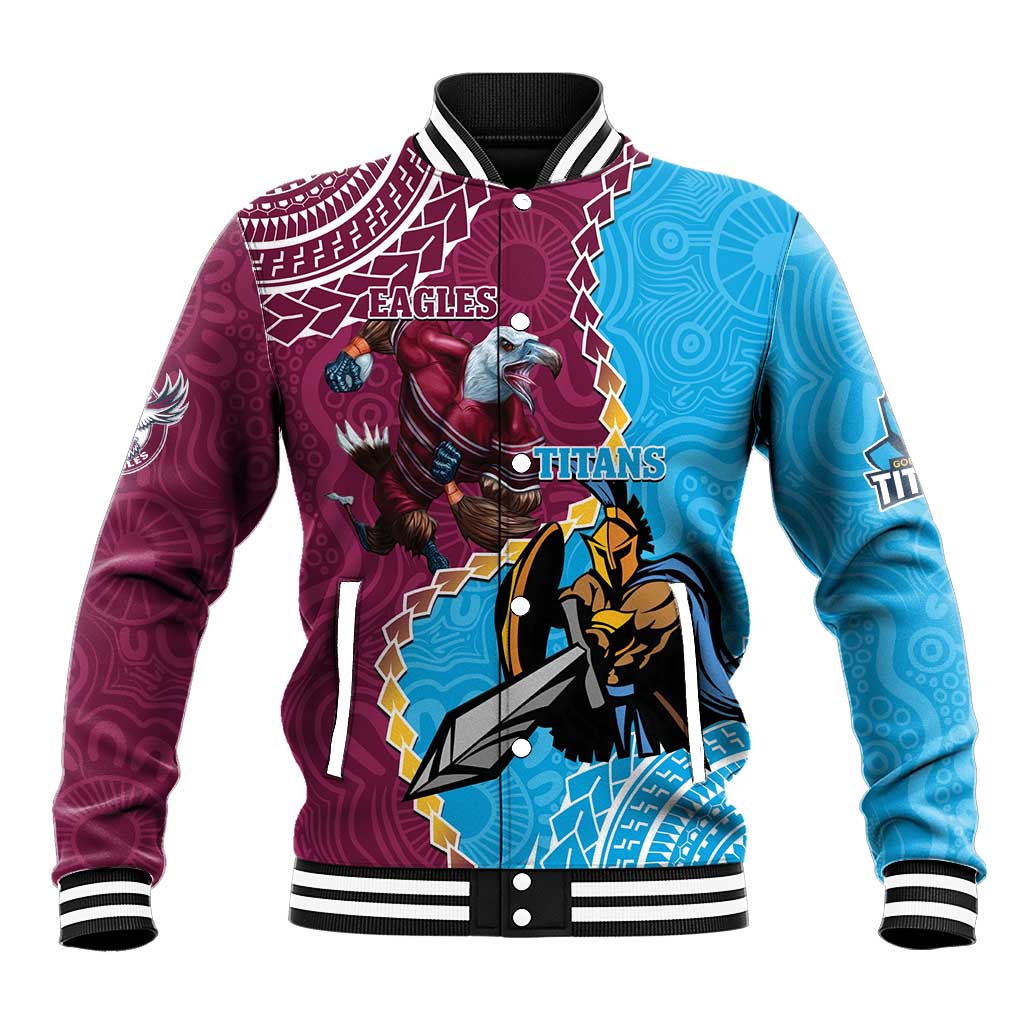 Personalised Eagles And Titans Rugby Baseball Jacket Aboriginal Mix Polynesian Pattern