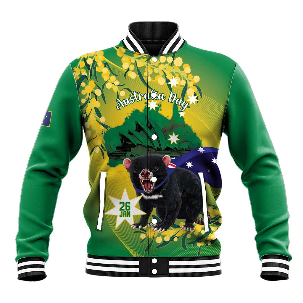 Tasimania Devil Australia Day Baseball Jacket Aussie Aussie Aussie Oi! Oi! Oi! - Green