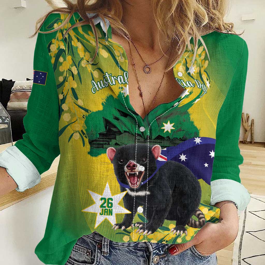 Tasimania Devil Australia Day Women Casual Shirt Aussie Aussie Aussie Oi! Oi! Oi! - Green