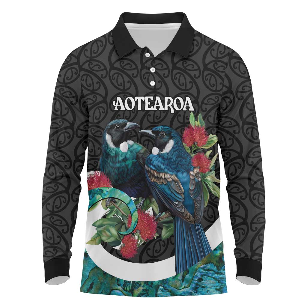 Personalised Valentine's Day New Zealand Long Sleeve Polo Shirt Tui Bird Couple Kowhaiwhai Mix Pohutukawa