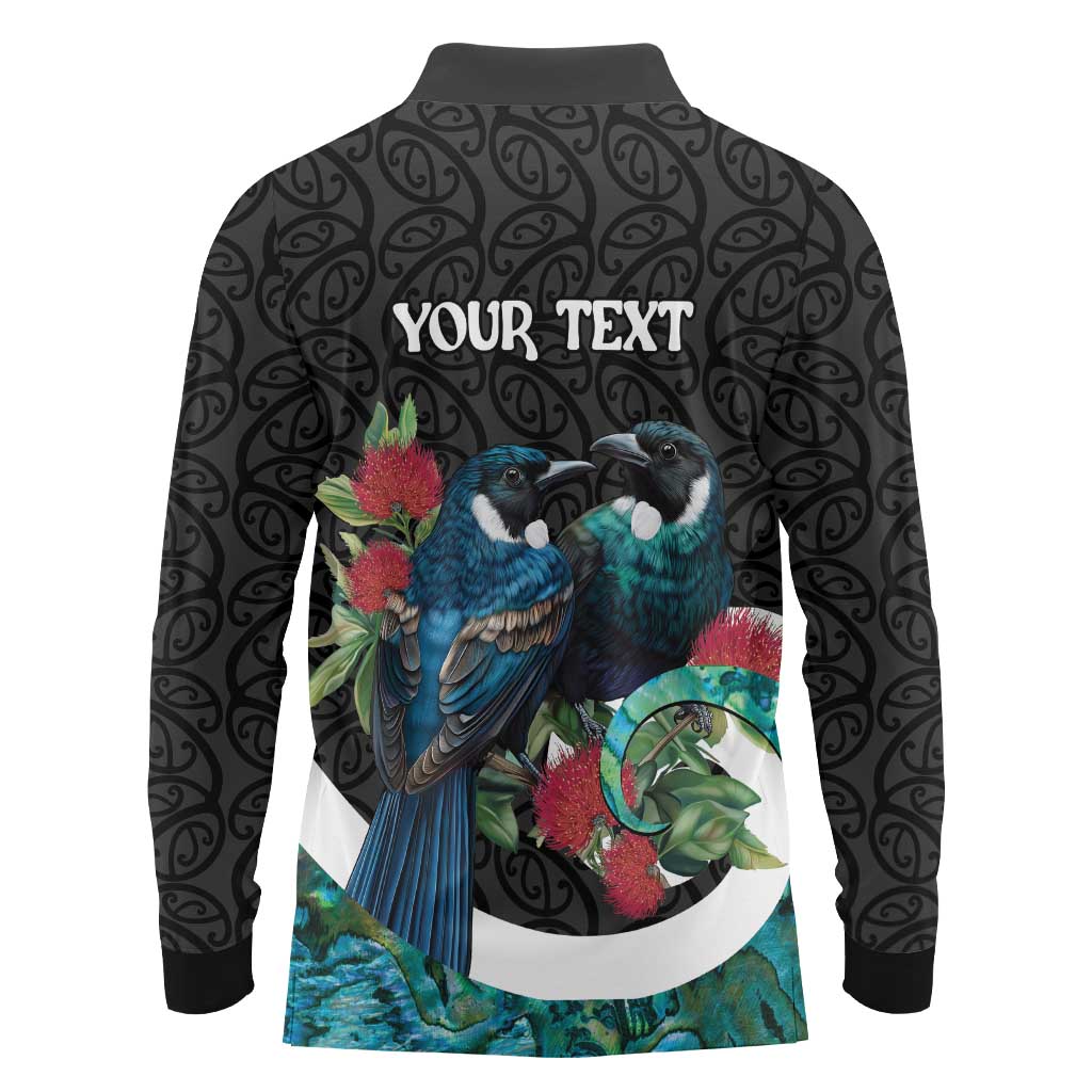 Personalised Valentine's Day New Zealand Long Sleeve Polo Shirt Tui Bird Couple Kowhaiwhai Mix Pohutukawa