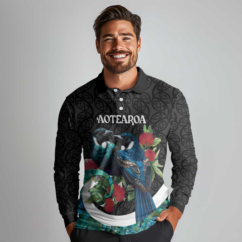 Personalised Valentine's Day New Zealand Long Sleeve Polo Shirt Tui Bird Couple Kowhaiwhai Mix Pohutukawa