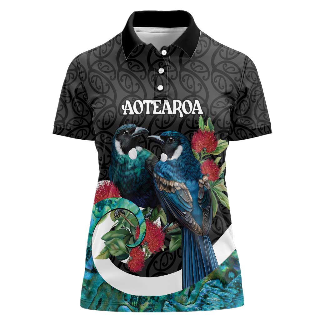 Personalised Valentine's Day New Zealand Women Polo Shirt Tui Bird Couple Kowhaiwhai Mix Pohutukawa