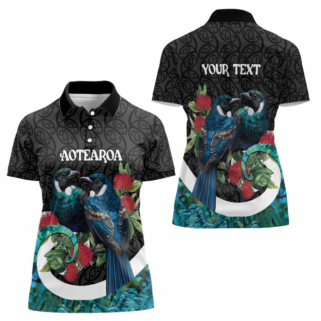 Personalised Valentine's Day New Zealand Women Polo Shirt Tui Bird Couple Kowhaiwhai Mix Pohutukawa