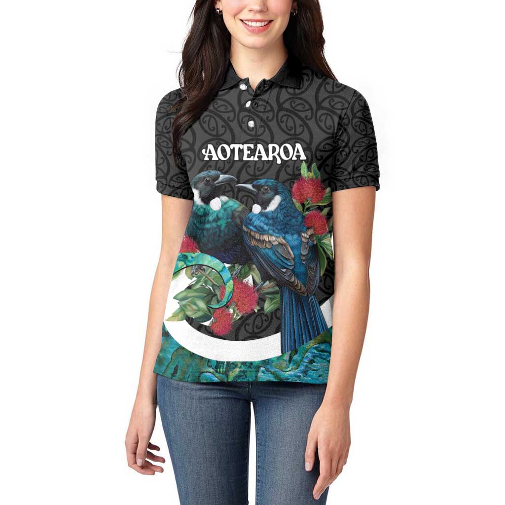 Personalised Valentine's Day New Zealand Women Polo Shirt Tui Bird Couple Kowhaiwhai Mix Pohutukawa