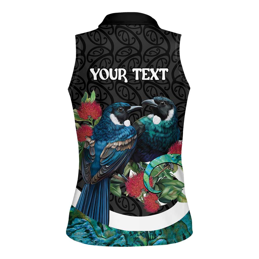 Personalised Valentine's Day New Zealand Women Sleeveless Polo Shirt Tui Bird Couple Kowhaiwhai Mix Pohutukawa