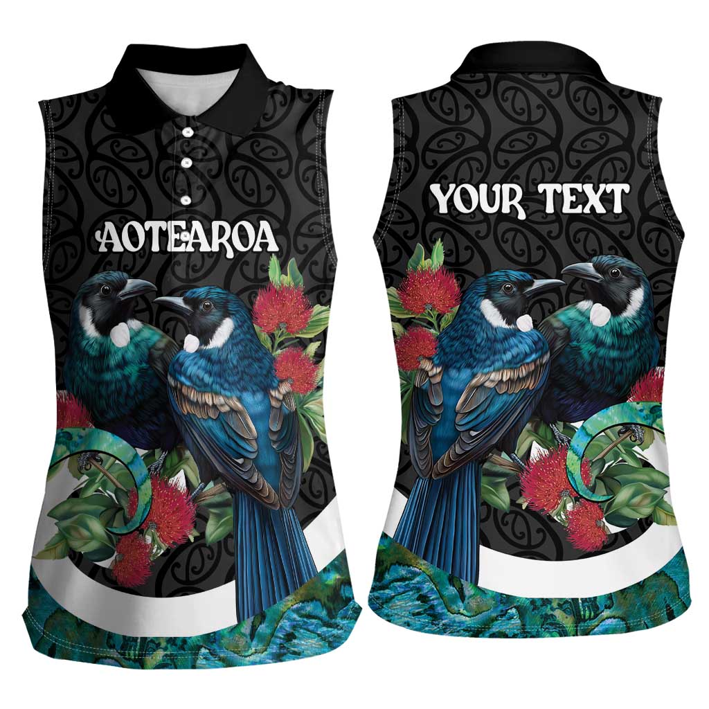 Personalised Valentine's Day New Zealand Women Sleeveless Polo Shirt Tui Bird Couple Kowhaiwhai Mix Pohutukawa