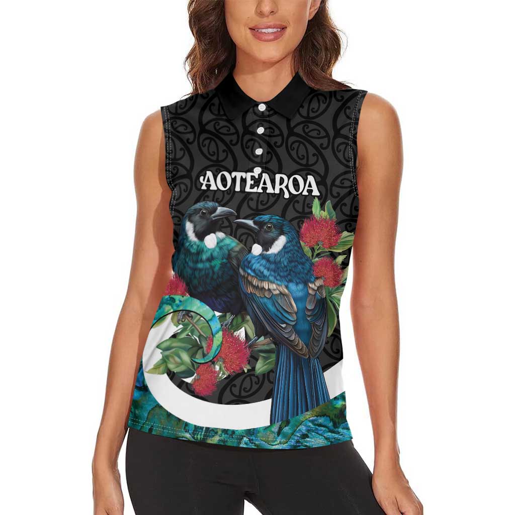 Personalised Valentine's Day New Zealand Women Sleeveless Polo Shirt Tui Bird Couple Kowhaiwhai Mix Pohutukawa