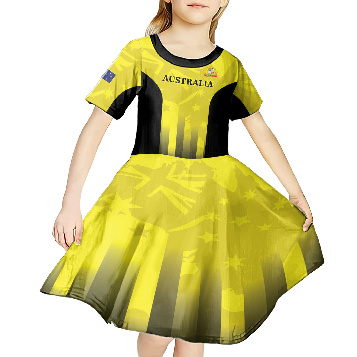 Custom Australia Cricket Kid Short Sleeve Dress 2024 World Cup Go Aussie - Gold Version