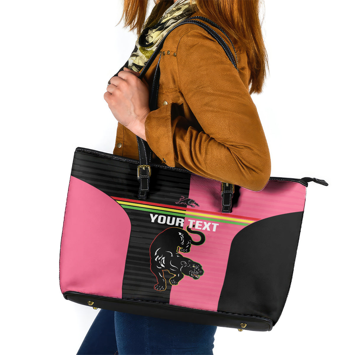 Custom Panthers Rugby Leather Tote Bag Black Pink Color Sporty Style