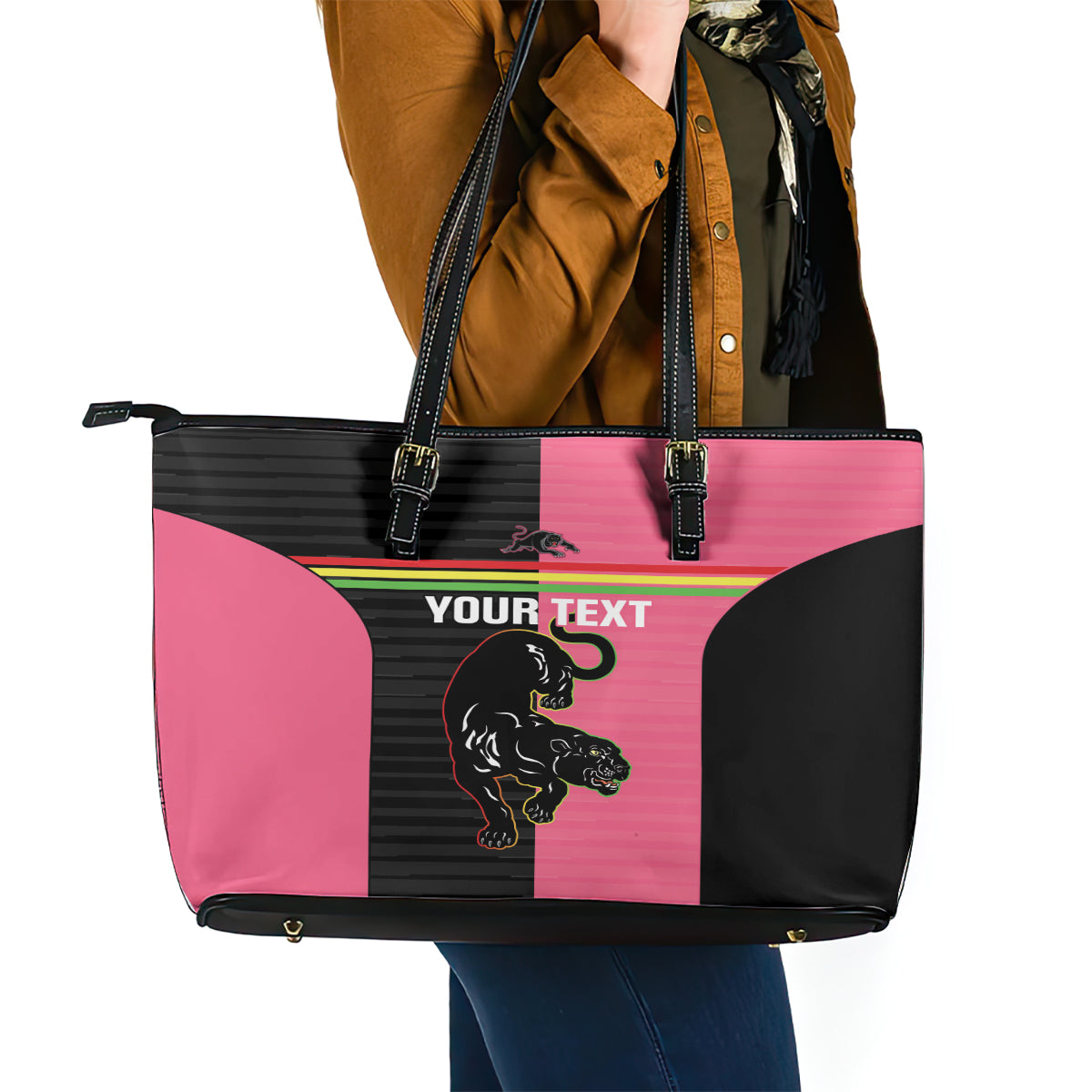 Custom Panthers Rugby Leather Tote Bag Black Pink Color Sporty Style