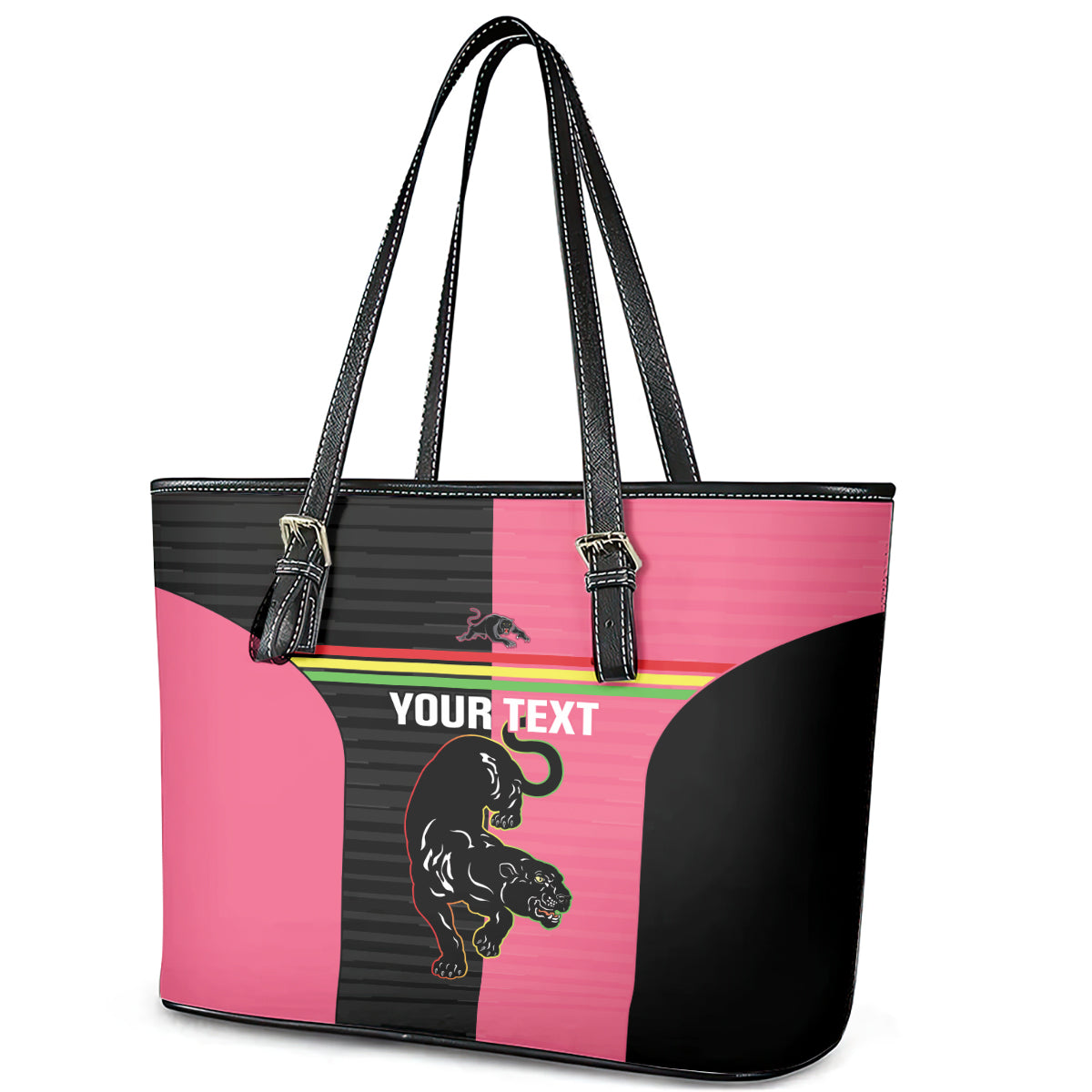 Custom Panthers Rugby Leather Tote Bag Black Pink Color Sporty Style