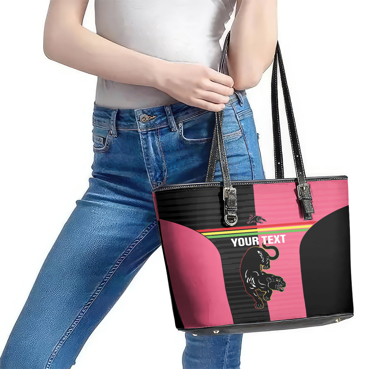 Custom Panthers Rugby Leather Tote Bag Black Pink Color Sporty Style