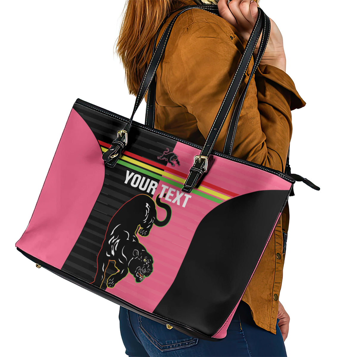 Custom Panthers Rugby Leather Tote Bag Black Pink Color Sporty Style