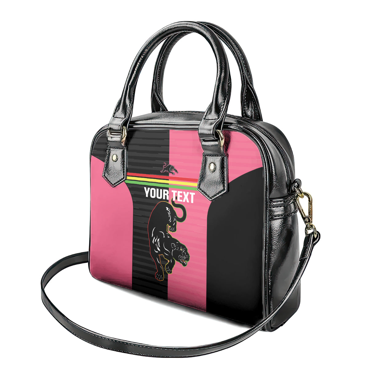 Custom Panthers Rugby Shoulder Handbag Black Pink Color Sporty Style