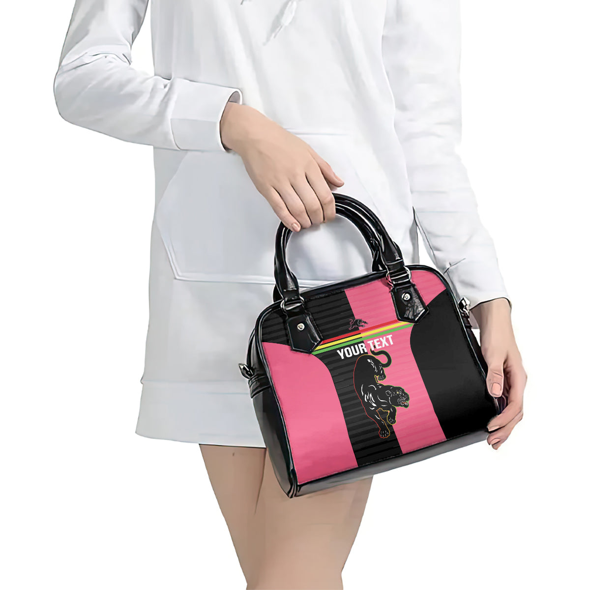 Custom Panthers Rugby Shoulder Handbag Black Pink Color Sporty Style