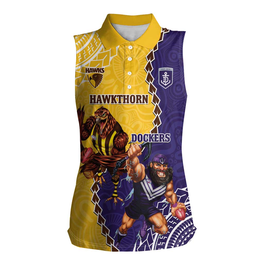 Custom Dockers And Hawks Football Women Sleeveless Polo Shirt Aboriginal Mix Polynesian Pattern