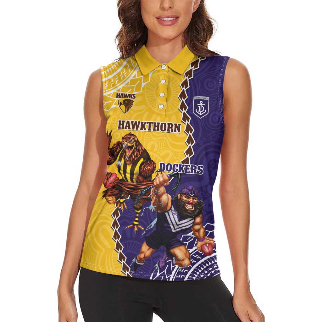 Custom Dockers And Hawks Football Women Sleeveless Polo Shirt Aboriginal Mix Polynesian Pattern