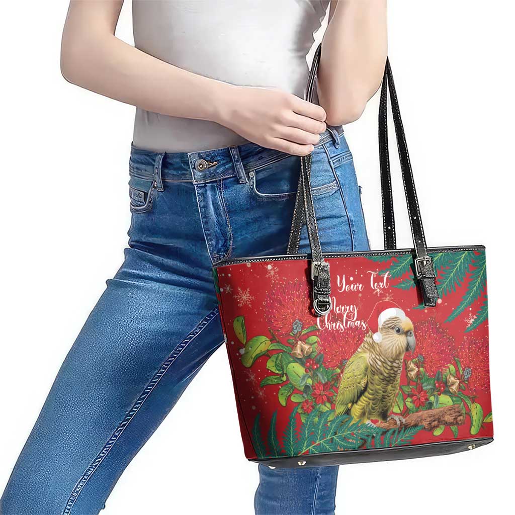 Personalised New Zealand Kakapo Christmas Leather Tote Bag Meri Kirihimete Silver Fern Mix Pohutukawa