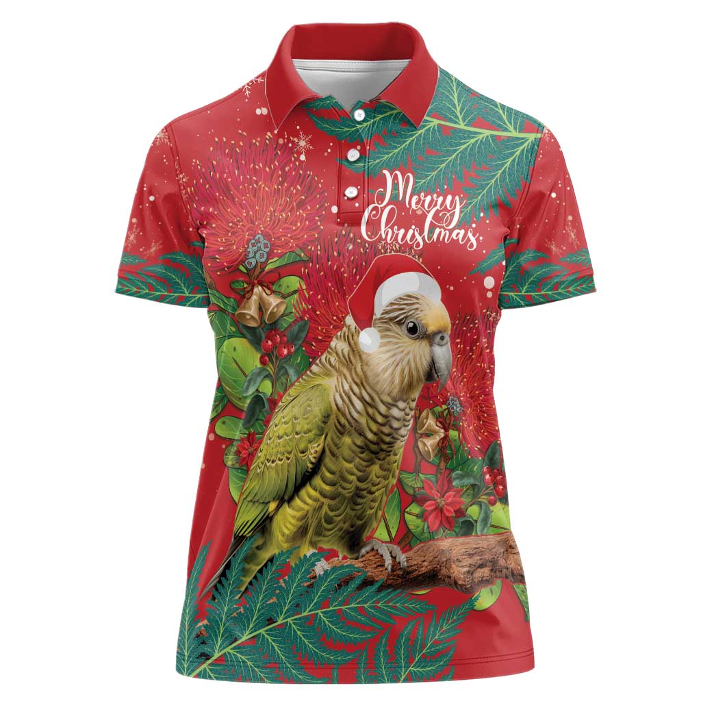 Personalised New Zealand Kakapo Christmas Women Polo Shirt Meri Kirihimete Silver Fern Mix Pohutukawa