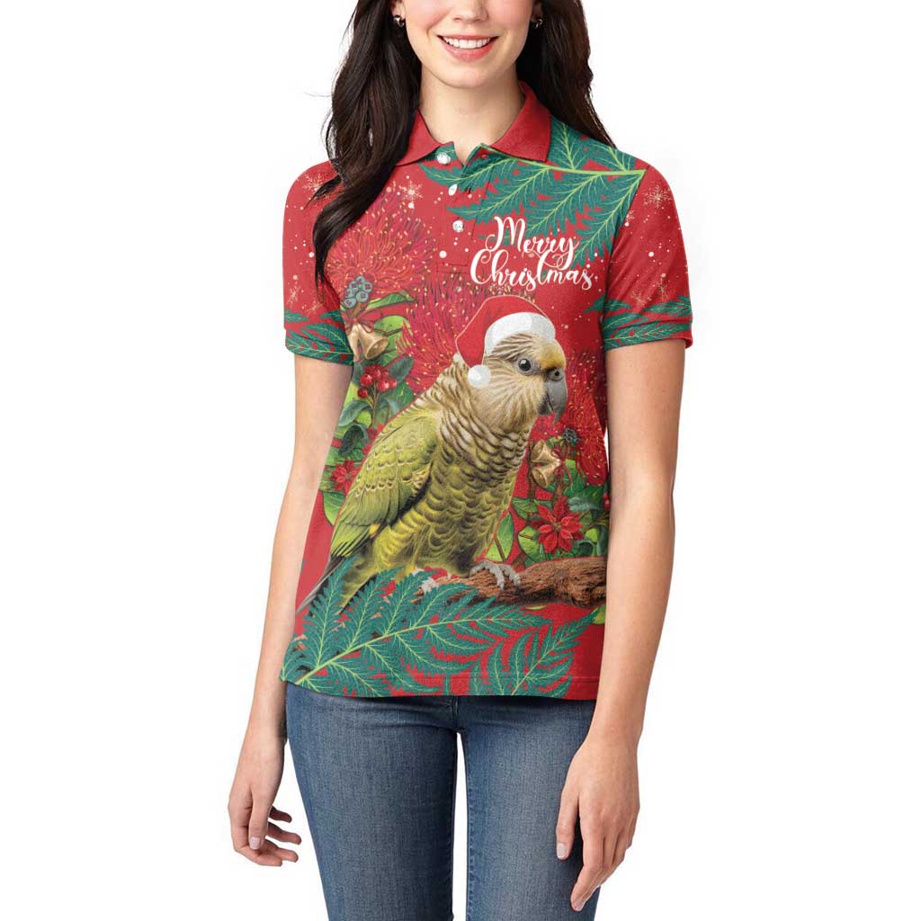 Personalised New Zealand Kakapo Christmas Women Polo Shirt Meri Kirihimete Silver Fern Mix Pohutukawa