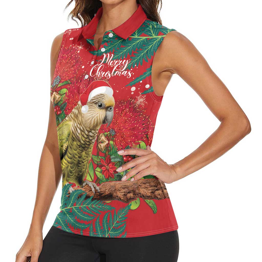 Personalised New Zealand Kakapo Christmas Women Sleeveless Polo Shirt Meri Kirihimete Silver Fern Mix Pohutukawa