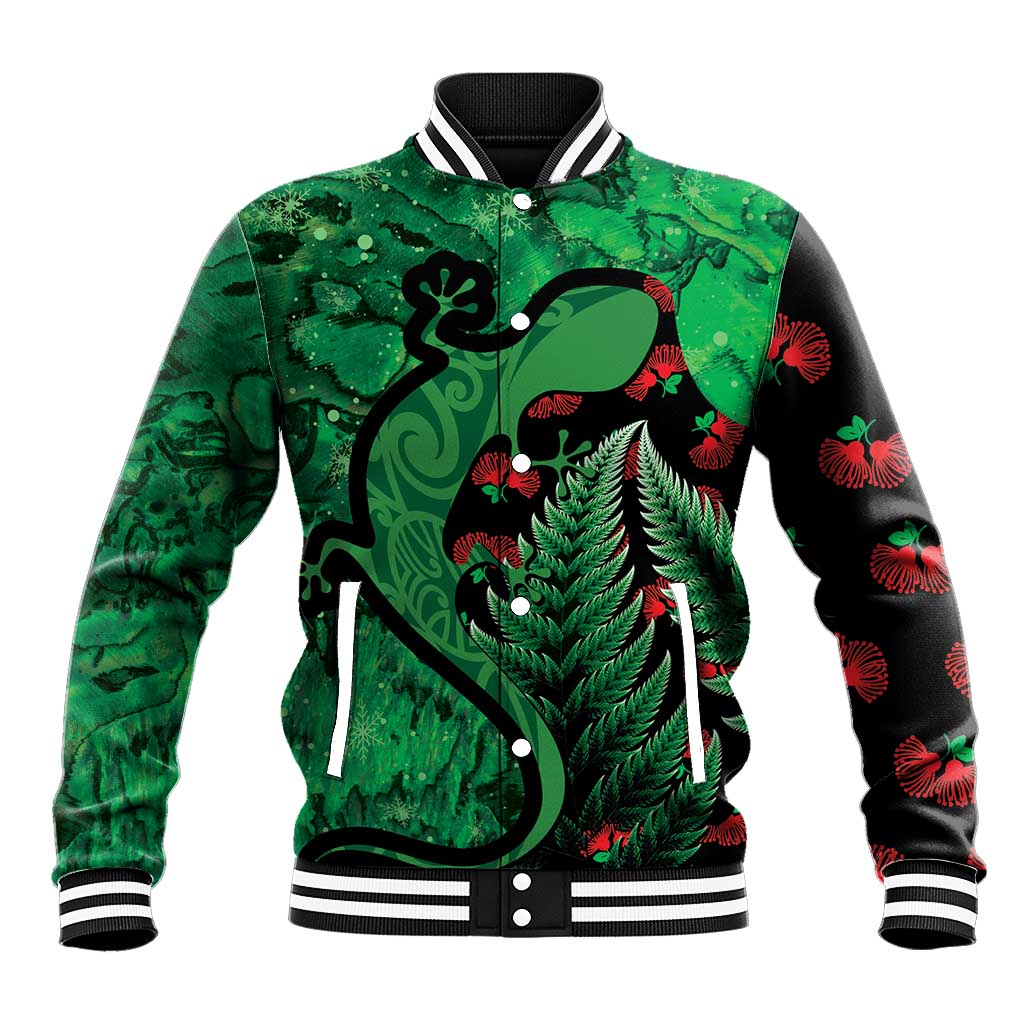 New Zealand Gecko Christmas Baseball Jacket Meri Kirihimete Paua Shell Mix Pohutukawa