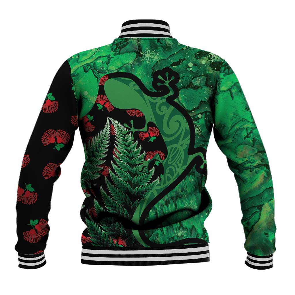 New Zealand Gecko Christmas Baseball Jacket Meri Kirihimete Paua Shell Mix Pohutukawa