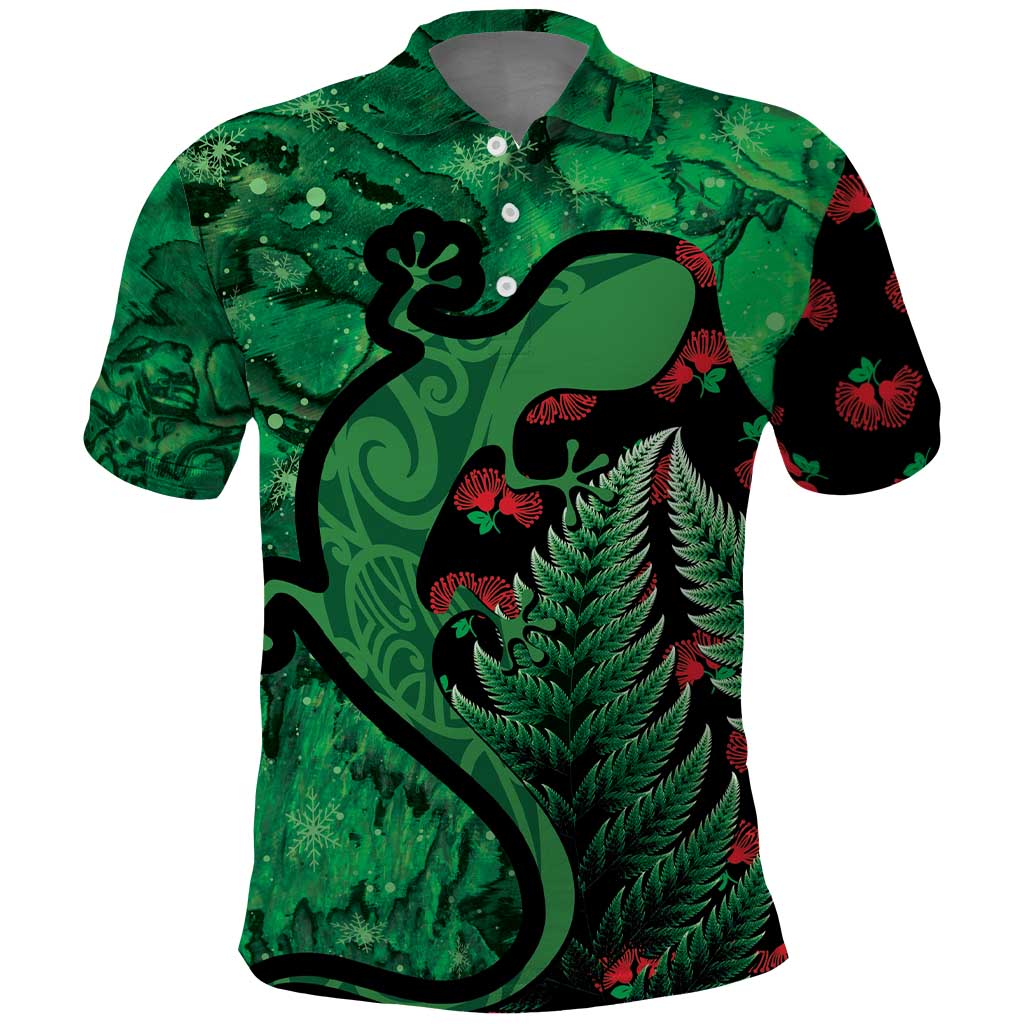 New Zealand Gecko Christmas Polo Shirt Meri Kirihimete Paua Shell Mix Pohutukawa